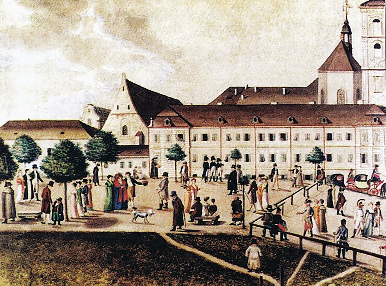 Ф.К. Герстенбергер. Нижні вали у Львові, 1807. Зліва від Єзуїтського костелу, видніється будівля костелу Св. Хреста Ф.К. Герстенбергер. Нижні вали у Львові, 1807. Зліва від Єзуїтського костелу, видніється будівля костелу Св. Хреста